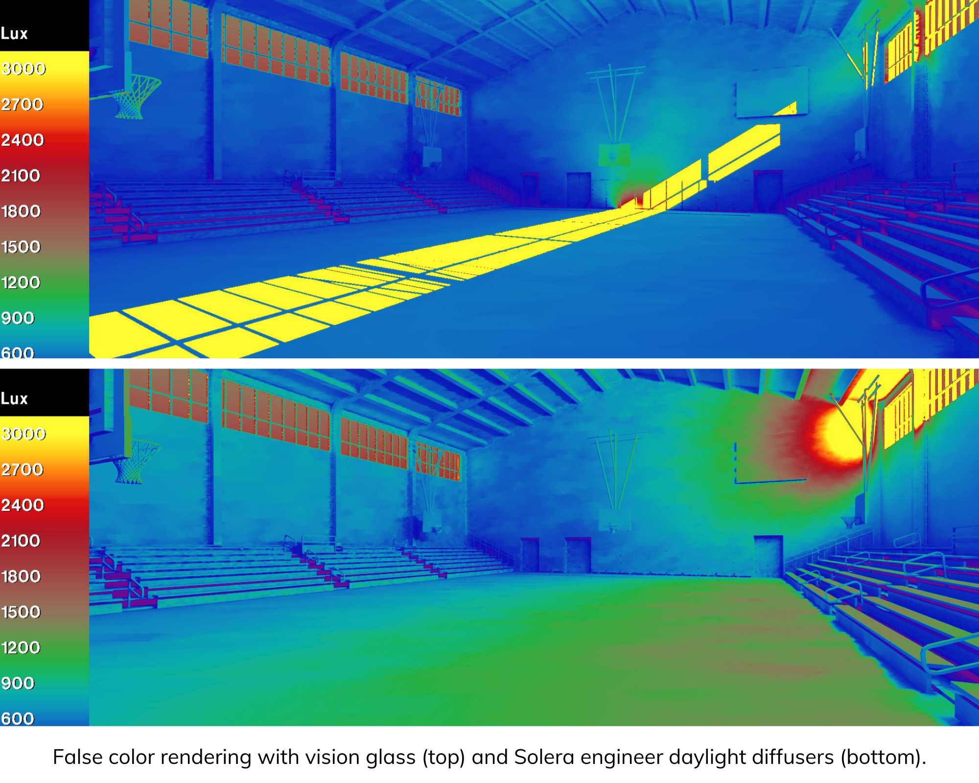 False color rendering with vision glass in the top image and Solera engineer daylight diffusers in the bottom image.