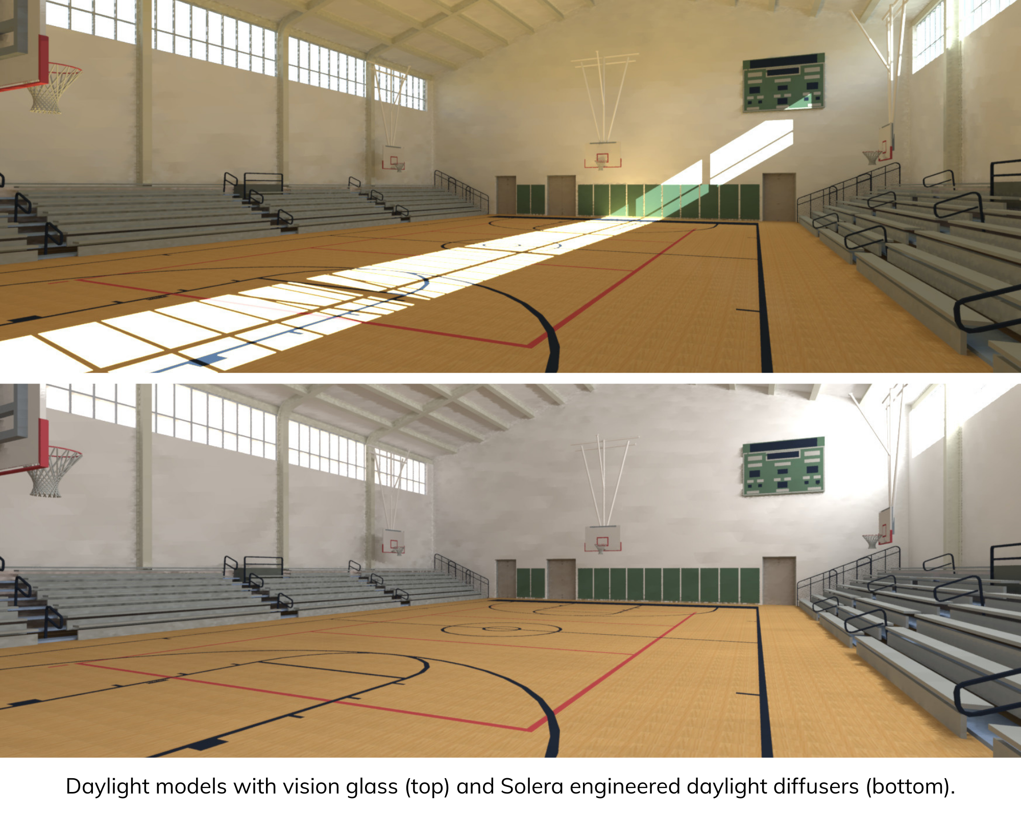 Feliican University daylight models with vision glass as the top image and Solera engineered daylight diffusers as the bottom image. 